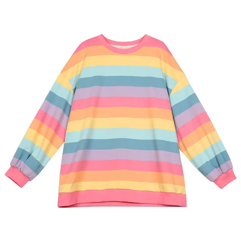 Women Rainbow Striped Long Sleeve Hoodie Korean Style Loose Fit — feature 6