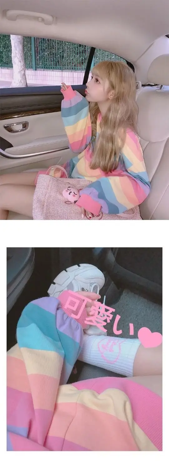 Women Rainbow Striped Long Sleeve Hoodie Korean Style Loose Fit — feature 7