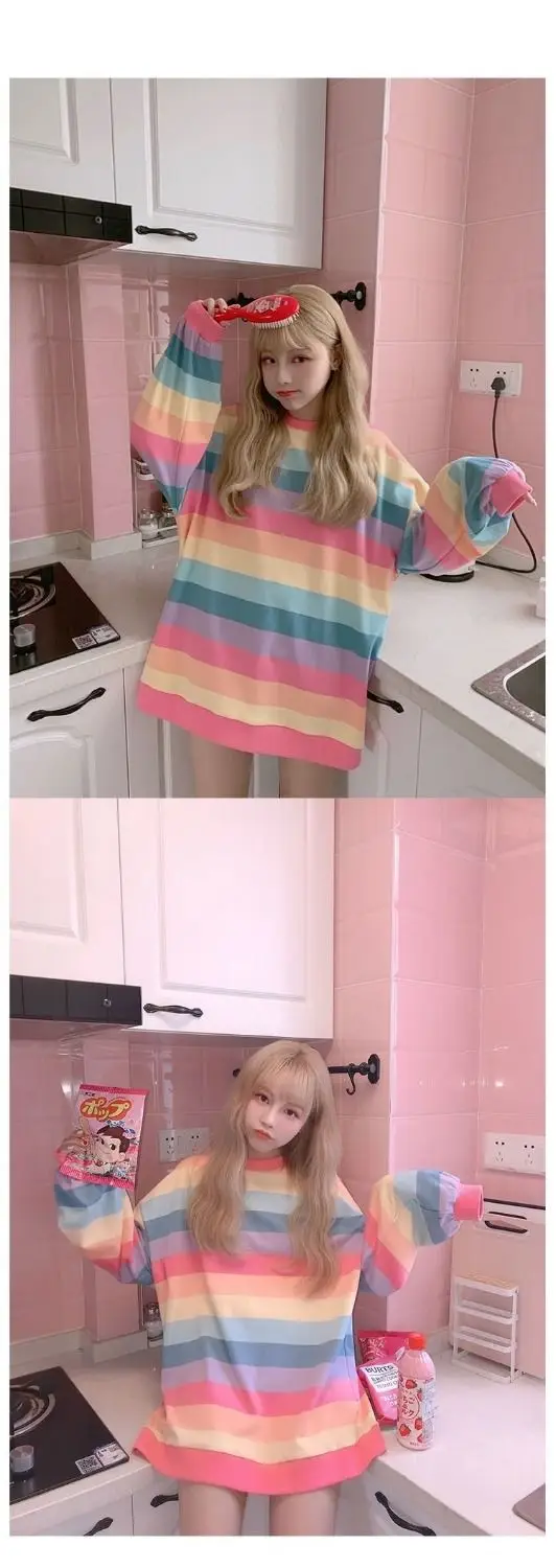Women Rainbow Striped Long Sleeve Hoodie Korean Style Loose Fit — feature 8