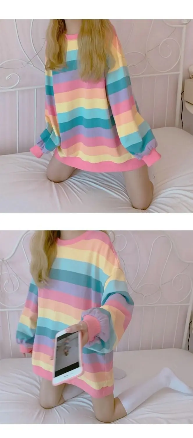 Women Rainbow Striped Long Sleeve Hoodie Korean Style Loose Fit — feature 9