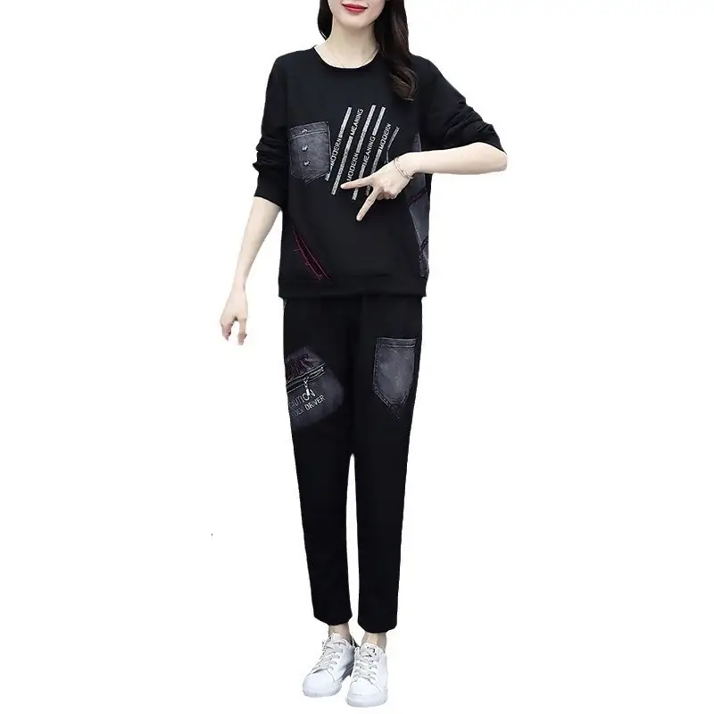 Korean Style Fat mm Casual Sports Suit Black Large
