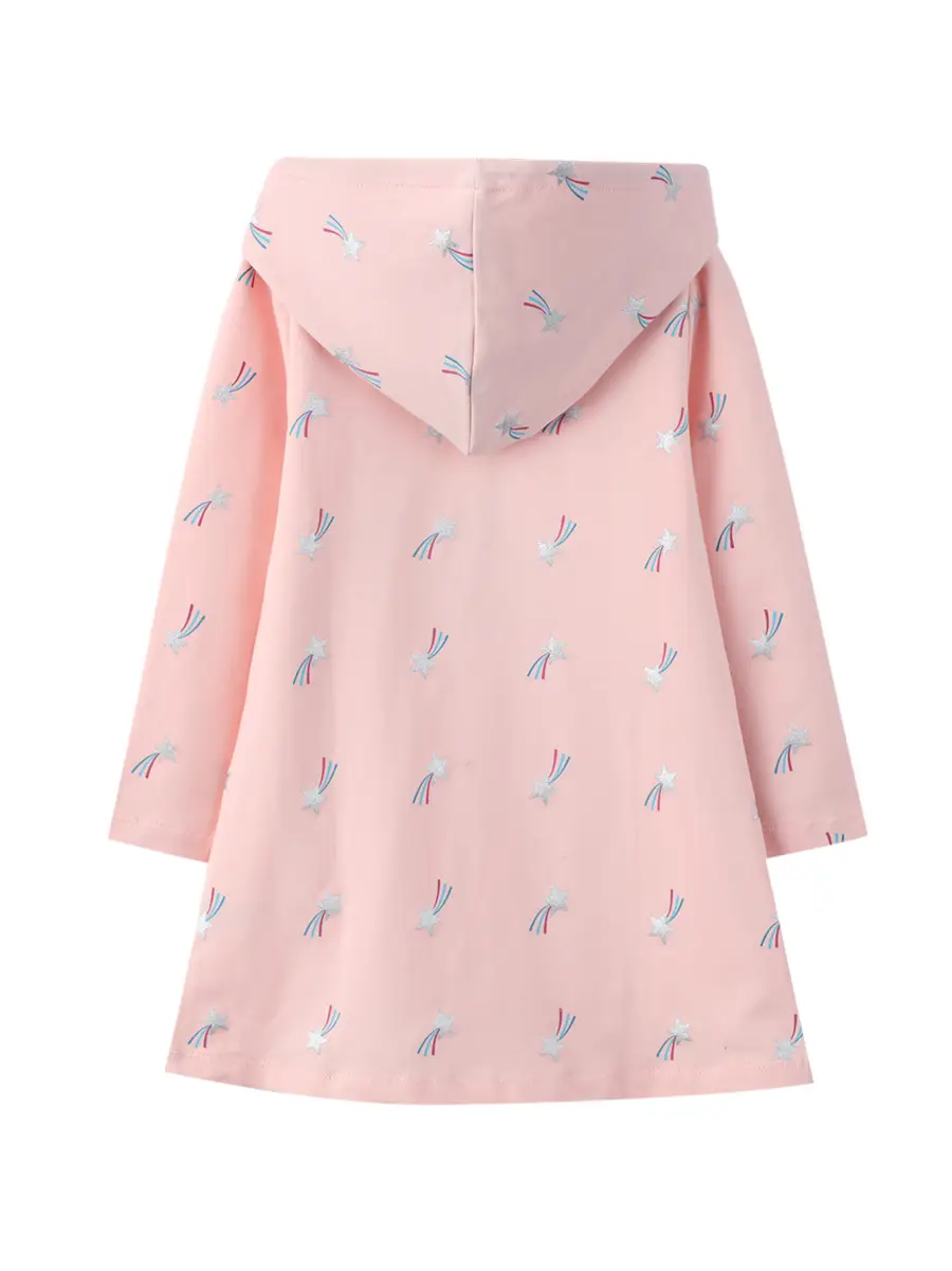 Girls Hooded Dress Pink Star Sequin Long Sleeve