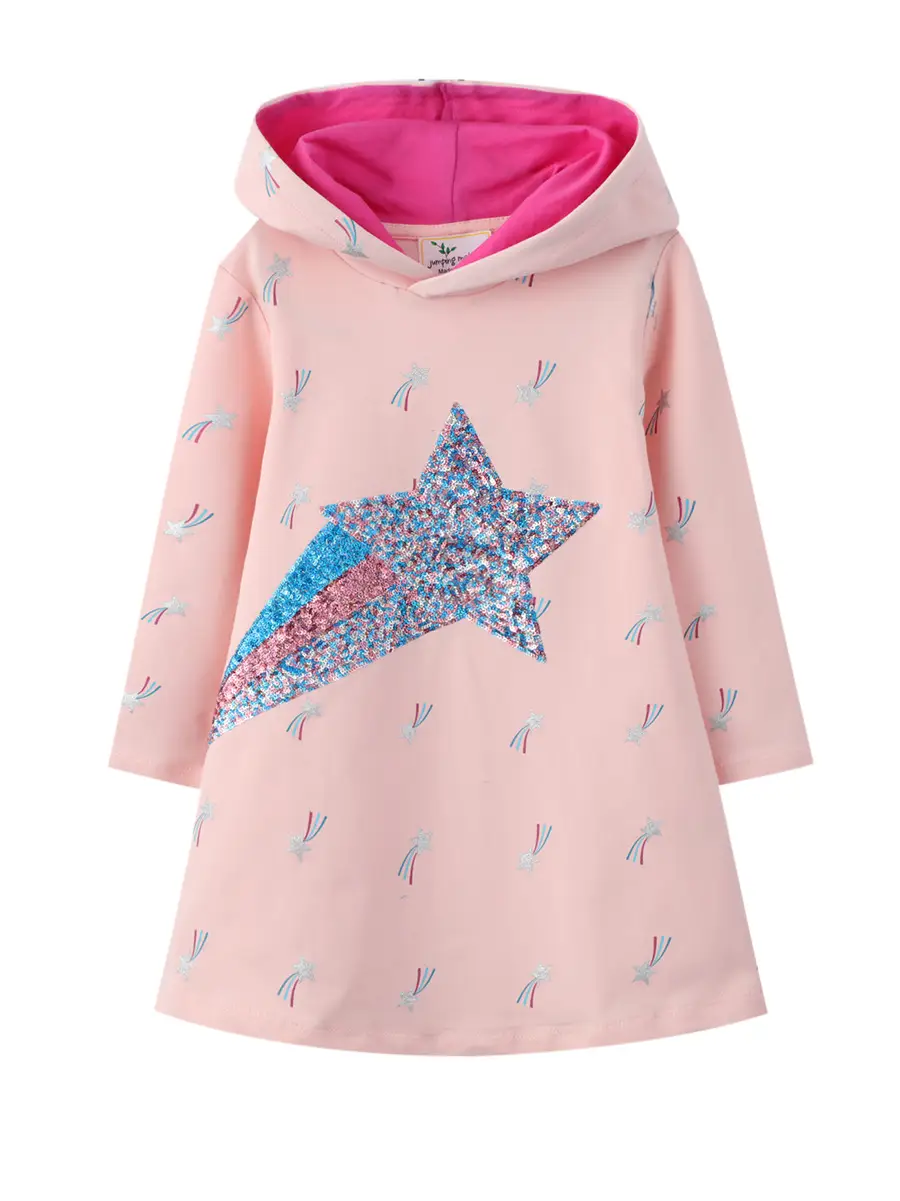 Girls Hooded Dress Pink Star Sequin Long Sleeve