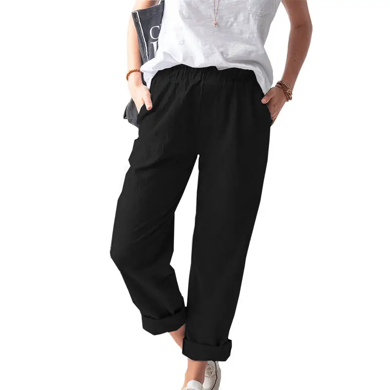 2025 Women Cotton Linen Pants Red Elastic High Waist Casual