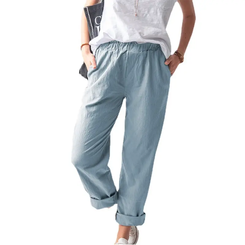 2025 Women Cotton Linen Pants Red Elastic High Waist Casual
