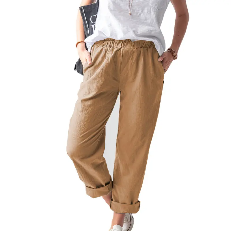 2025 Women Cotton Linen Pants Red Elastic High Waist Casual