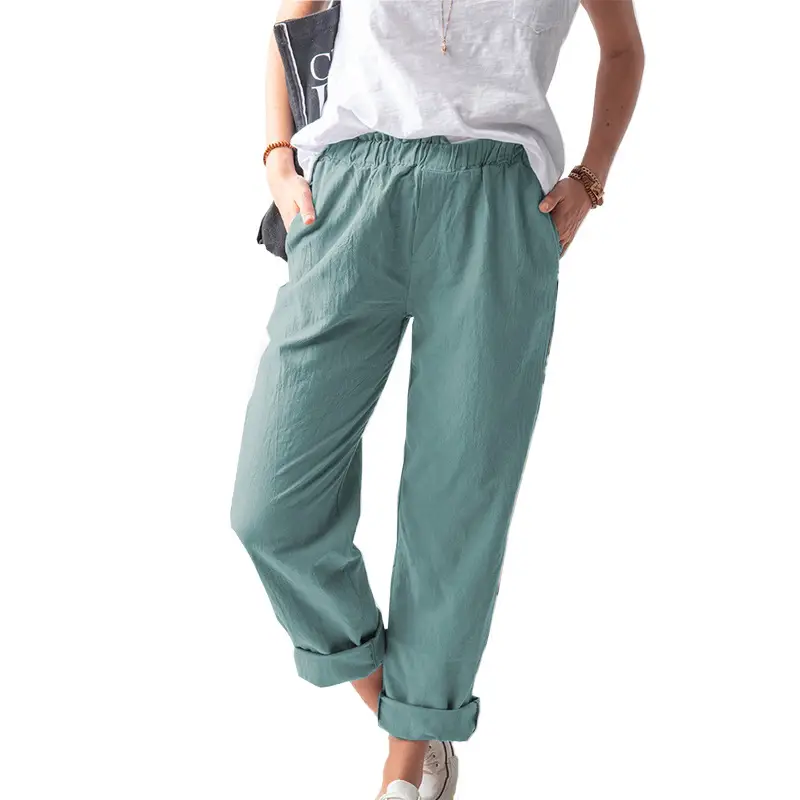 2025 Women Cotton Linen Pants Red Elastic High Waist Casual