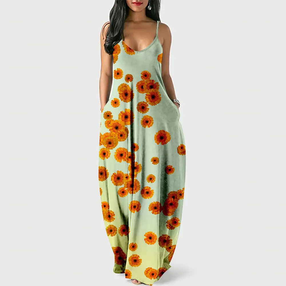 Daisy Floral 3D Printed Strap Dress Green - Image 16