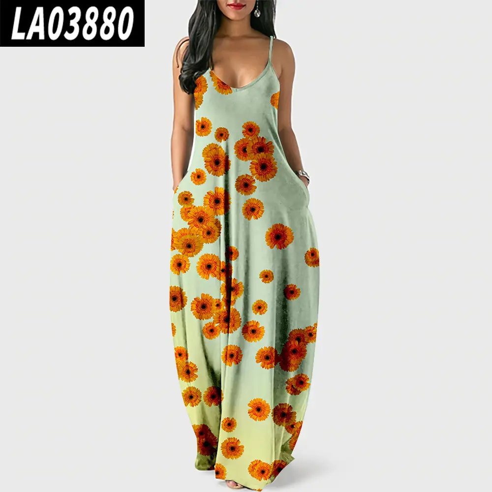 Daisy Floral 3D Printed Strap Dress Green - Image 3