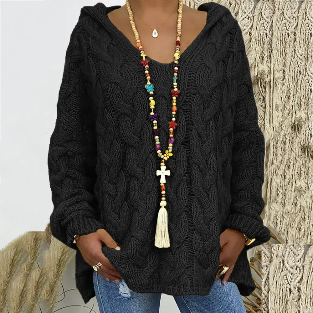 Women's Maroon Knitted V-Neck Hooded Sweater M604