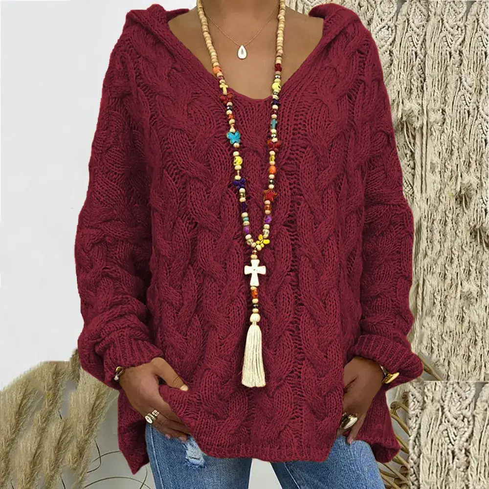 Women's Maroon Knitted V-Neck Hooded Sweater M604