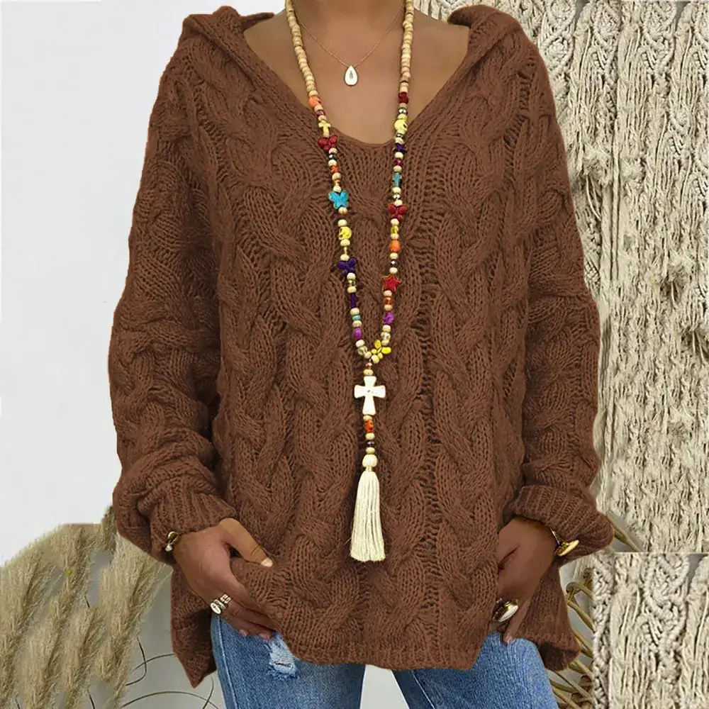 Women's Maroon Knitted V-Neck Hooded Sweater M604