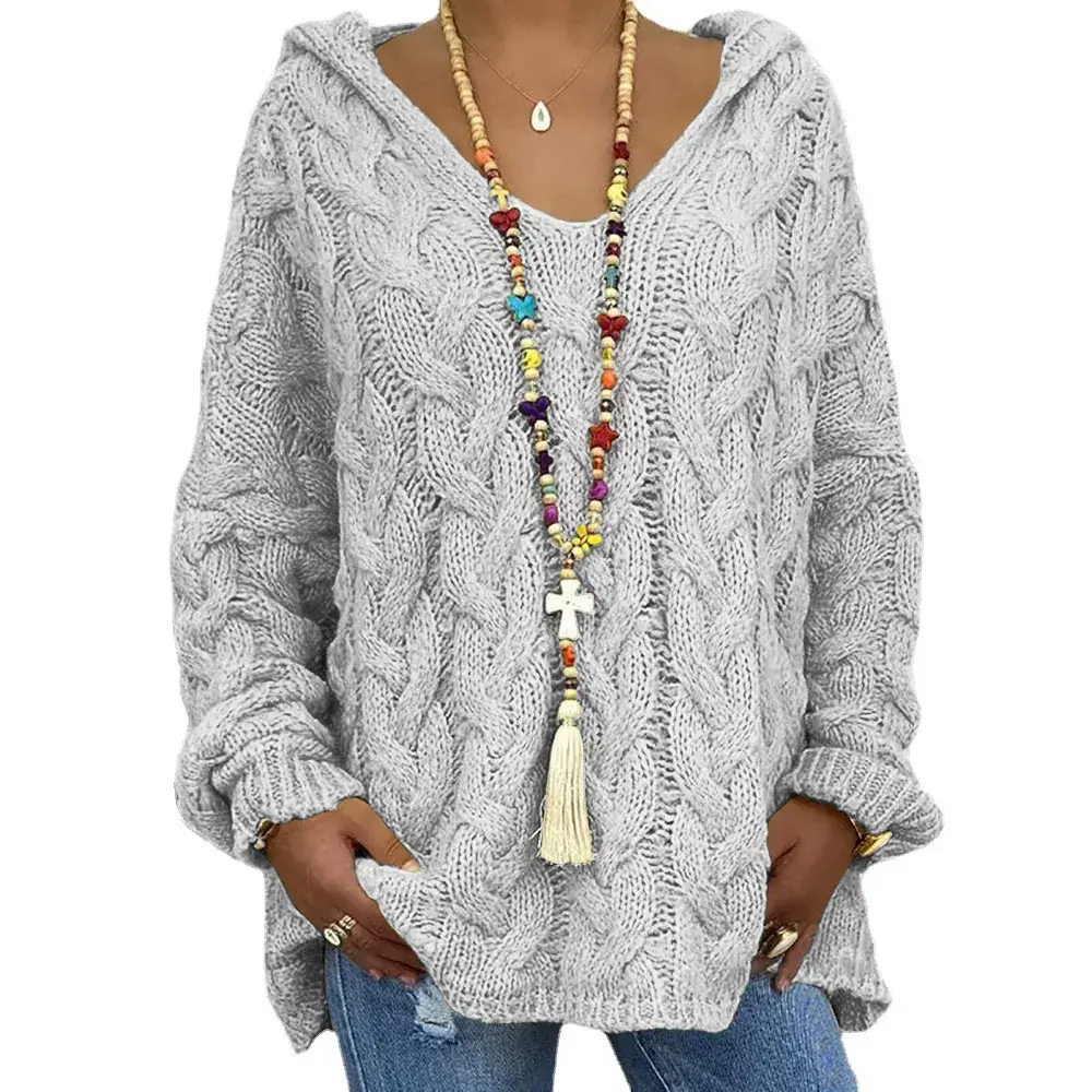 Women's Maroon Knitted V-Neck Hooded Sweater M604