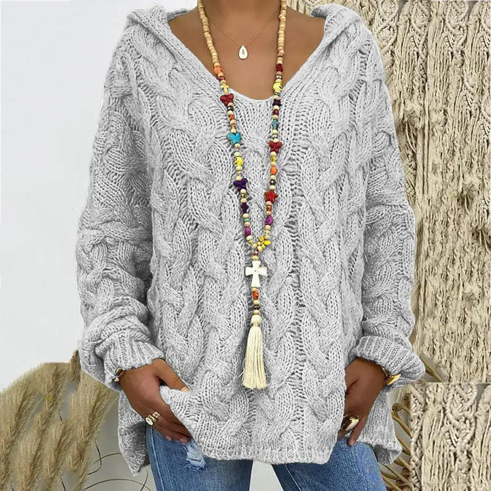 Women's Maroon Knitted V-Neck Hooded Sweater M604
