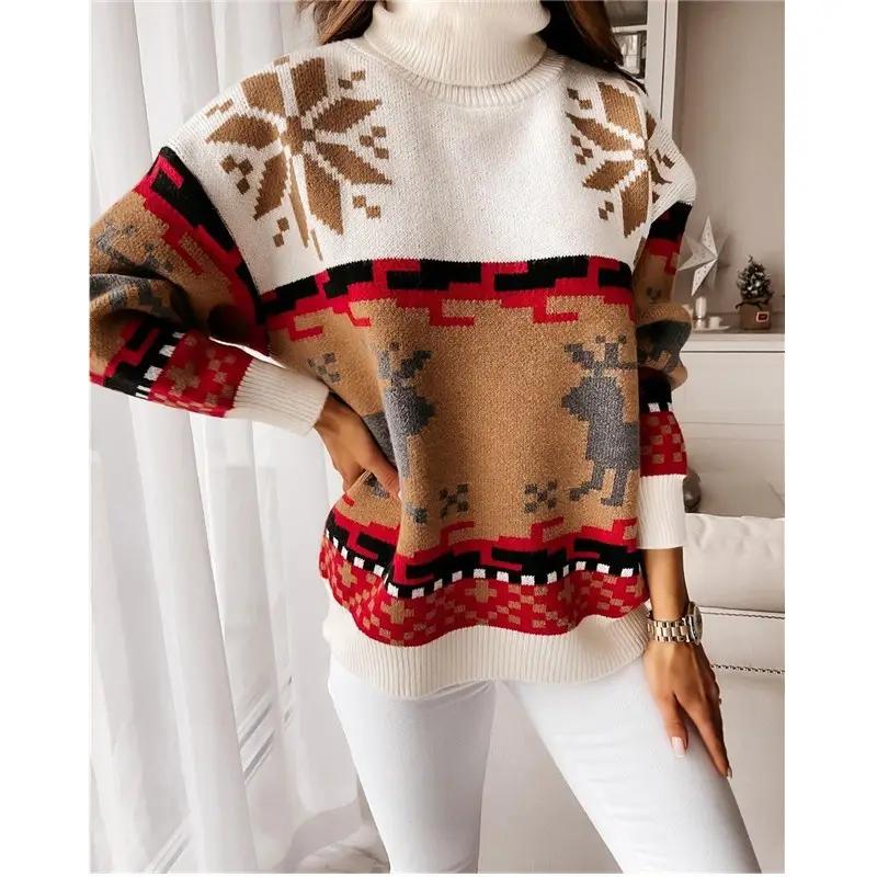 2021 Christmas Turtleneck Elk Knitted Sweater Red White Brown - Image 5