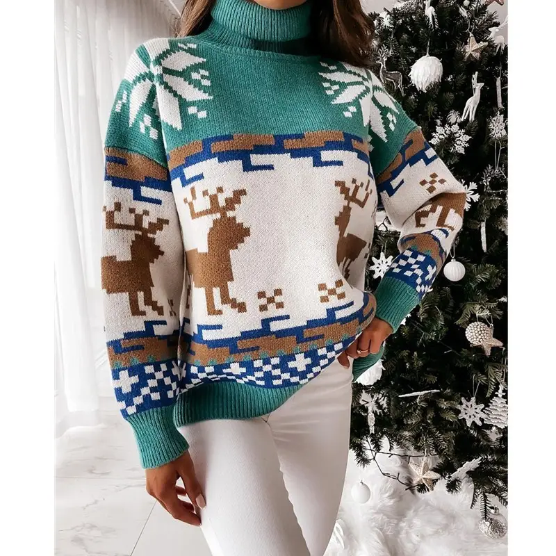 2021 Christmas Turtleneck Elk Knitted Sweater Red White Brown - Image 7