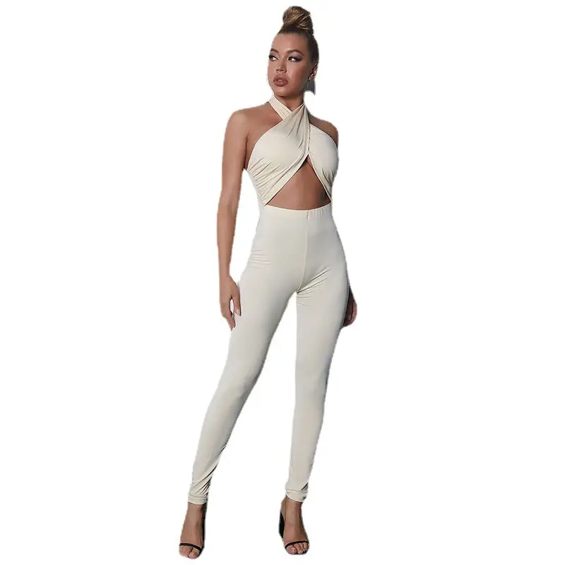 Women's White Silk Jumpsuit Set Slim Fit Hollow Backless Neck Crossed Tights - Image 4