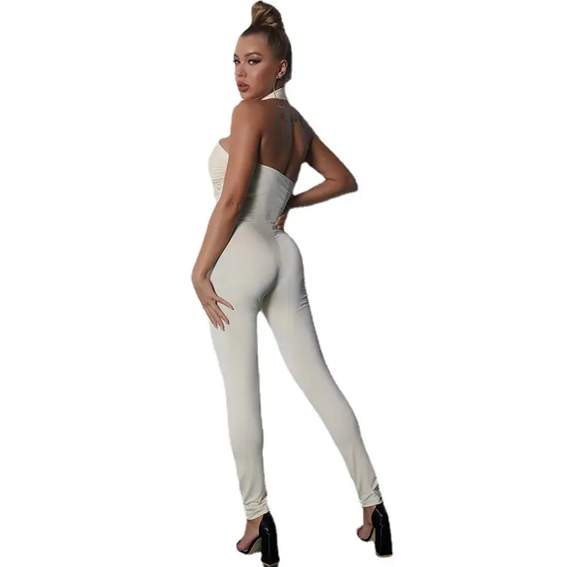 Women's White Silk Jumpsuit Set Slim Fit Hollow Backless Neck Crossed Tights - Image 5
