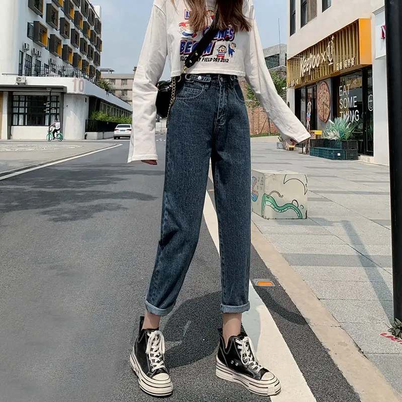 Women's Thin Adjustable High Waist Jeans Summer New Korean Style Wide Leg Cropped Straight Radish Harem Trendy Pants - Image 4