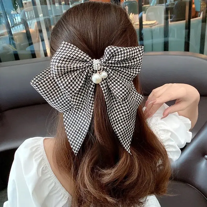 Houndstooth Bow Hairpin for Women Korean Style Clip