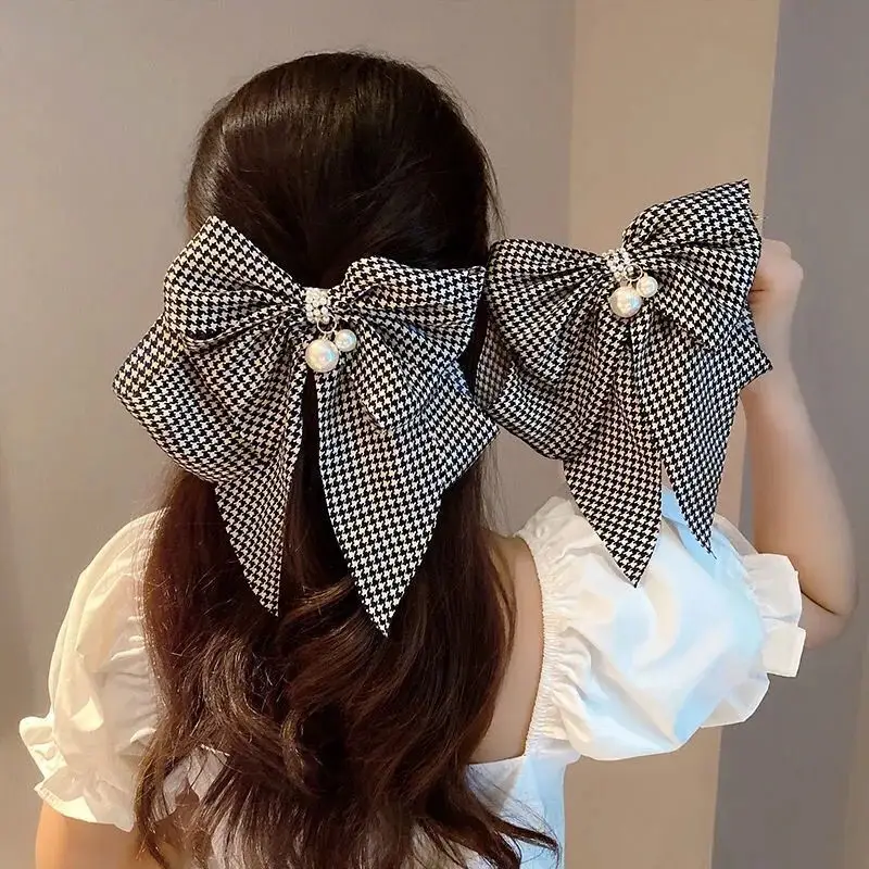 Houndstooth Bow Hairpin for Women Korean Style Clip