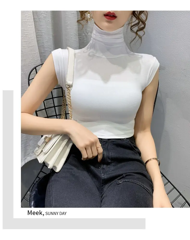 Women's White High Collar T-Shirt Summer 2023 — feature 11