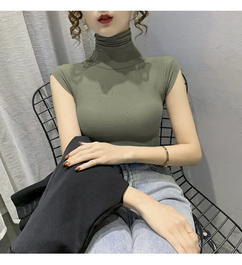 Women's White High Collar T-Shirt Summer 2023 — feature 26