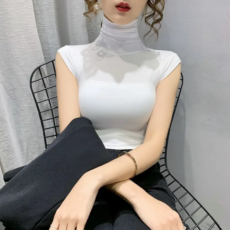 Women's White High Collar T-Shirt Summer 2023 - Image 3