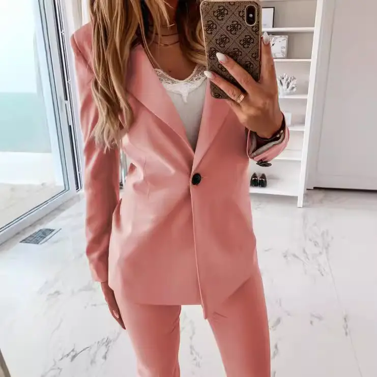 Pink Long Sleeve Button Collar Suit for Women - Image 10
