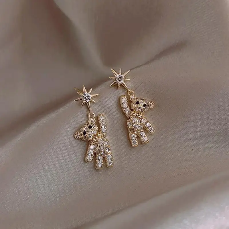 Korean Style Bear Earrings Star Diamond S925 Silver