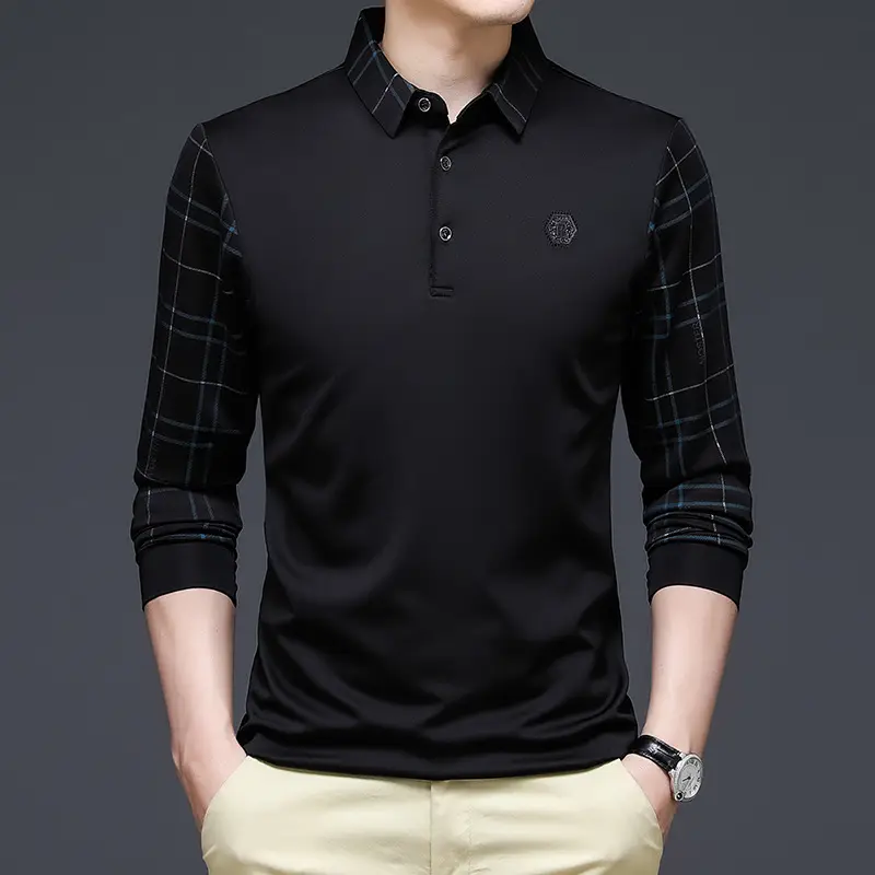 Middle-aged Men Plaid Polo Shirt Navy Blue Long Sleeve - Image 3