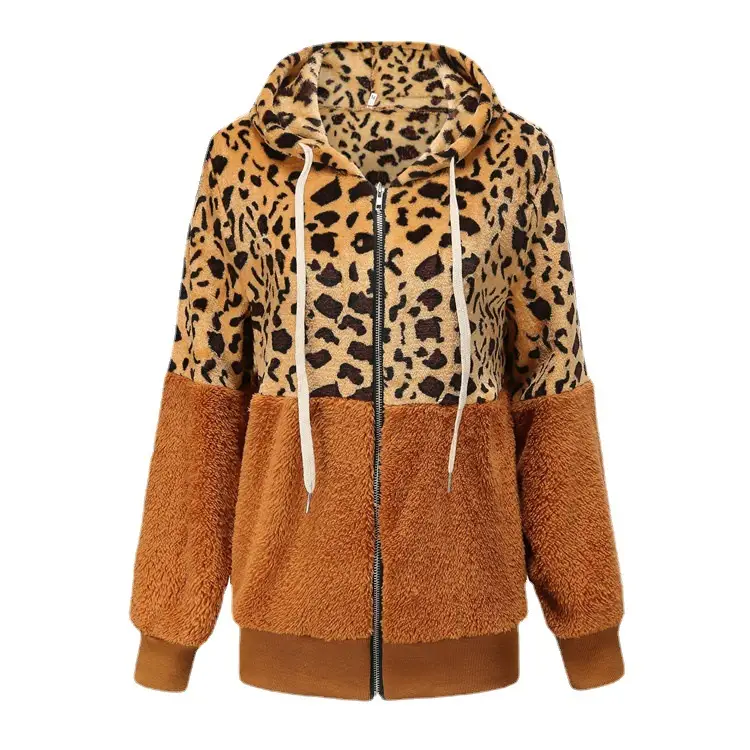 Leopard Print Fleece Hoodie Women Winter Jacket Black White