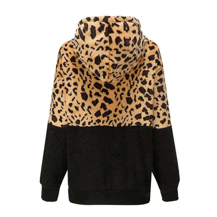 Leopard Print Fleece Hoodie Women Winter Jacket Black White — feature 4