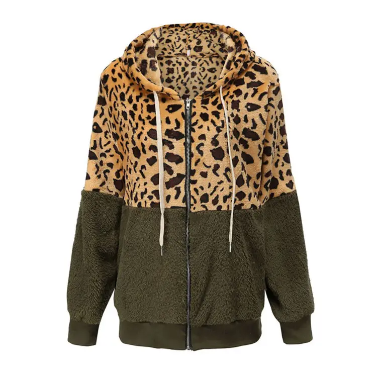 Leopard Print Fleece Hoodie Women Winter Jacket Black White — feature 5