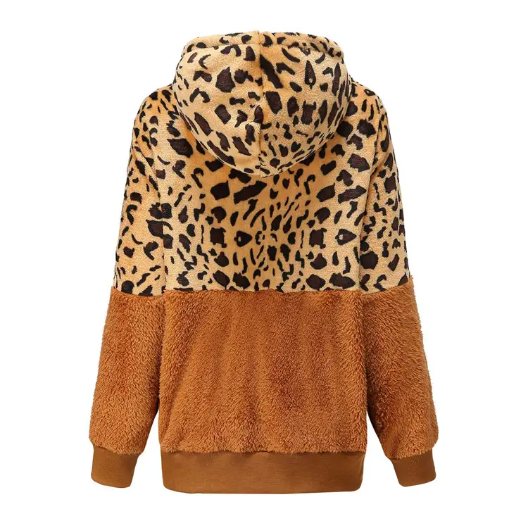 Leopard Print Fleece Hoodie Women Winter Jacket Black White — feature 8
