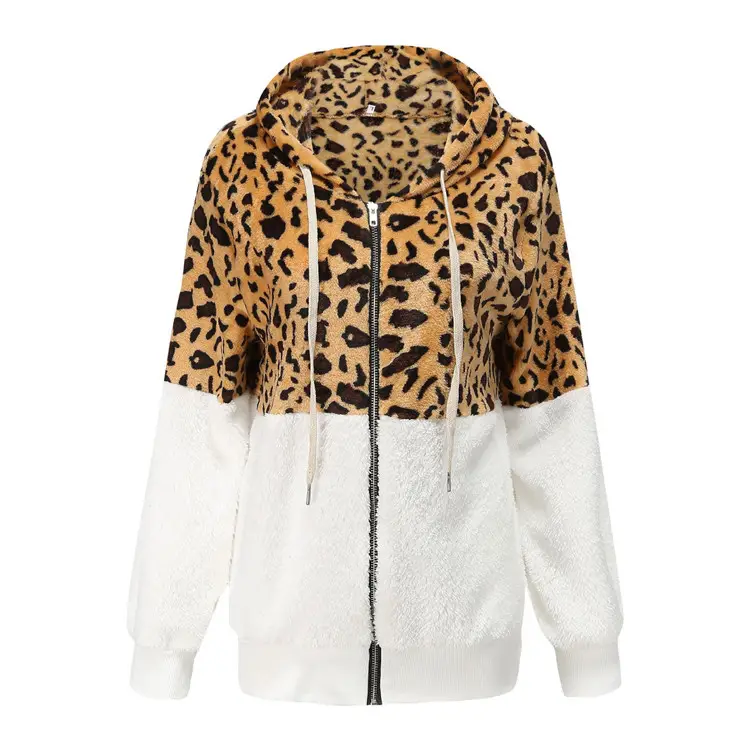 Leopard Print Fleece Hoodie Women Winter Jacket Black White — feature 9