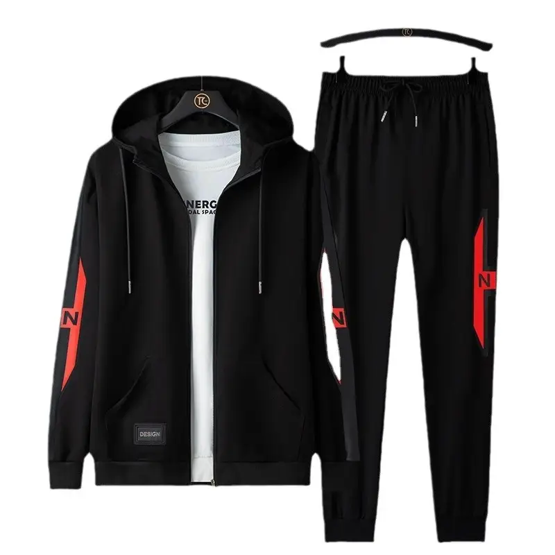 Men Black Hoodie Track Suit with White Stripes