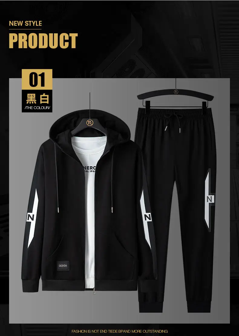 Men Black Hoodie Track Suit with White Stripes — feature 10