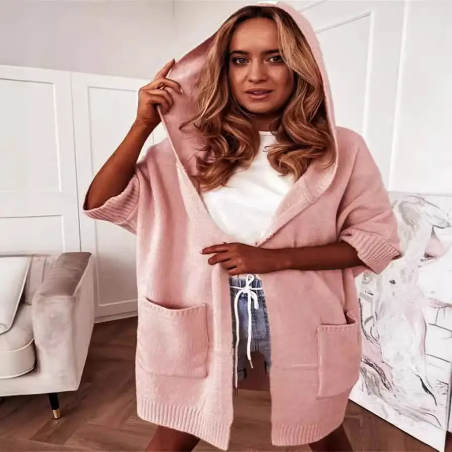 Women Knitted Short Sleeve Hoodie Beige Loose Pocket