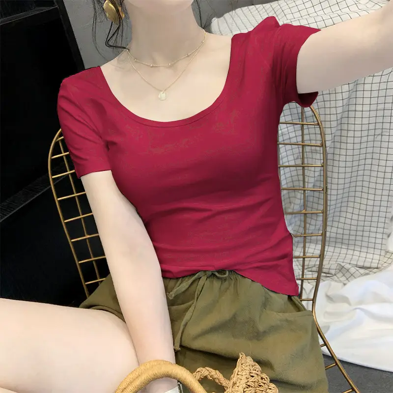 Women Blue Short Sleeve T-Shirt Slim Fit Round Neck - Image 25