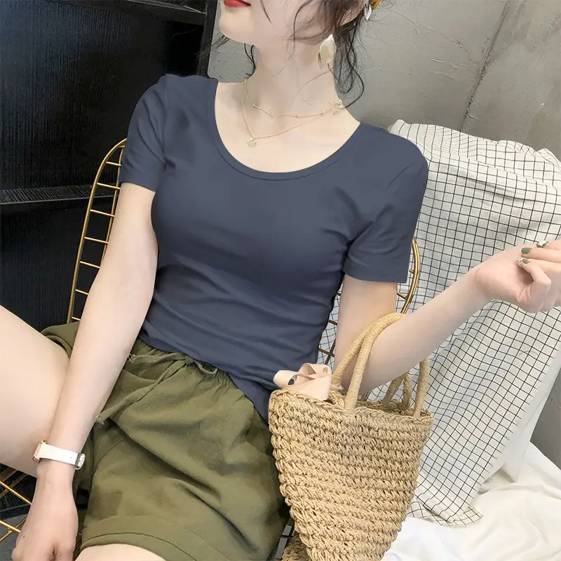 Women Blue Short Sleeve T-Shirt Slim Fit Round Neck - Image 13