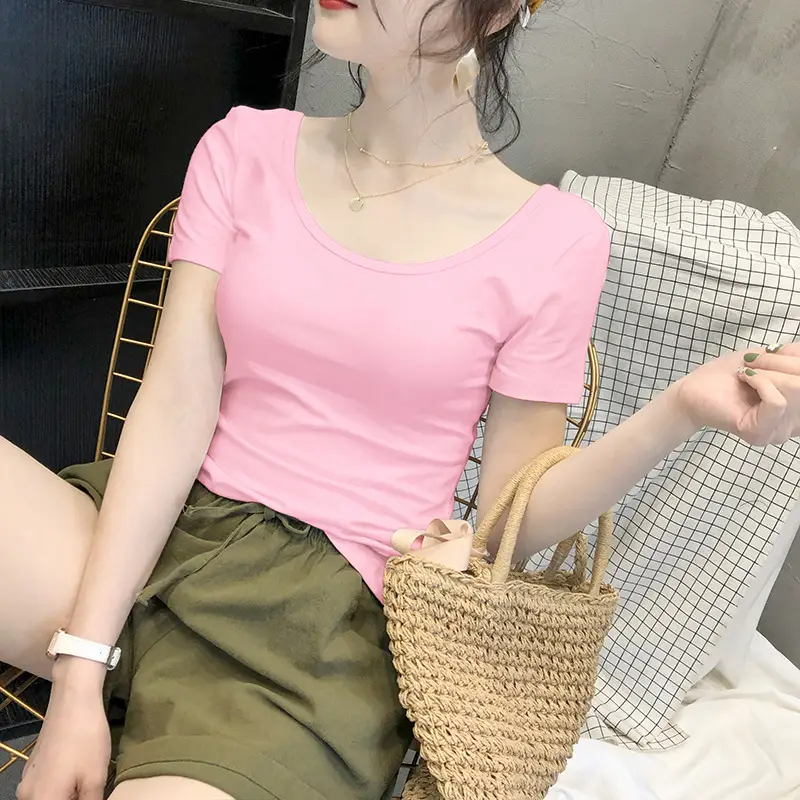 Women Blue Short Sleeve T-Shirt Slim Fit Round Neck - Image 6