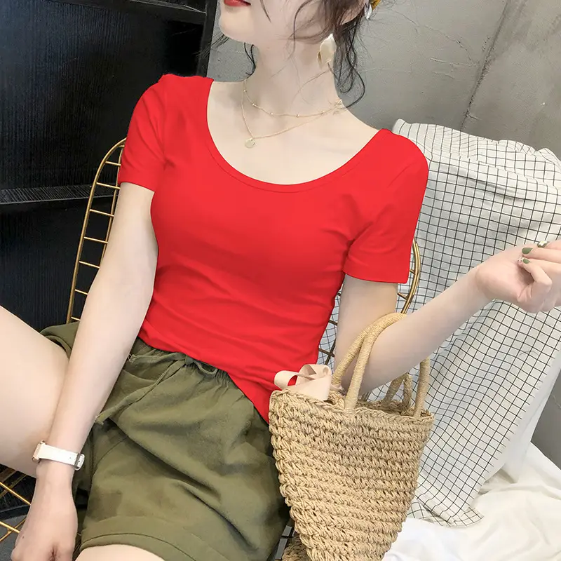 Women Blue Short Sleeve T-Shirt Slim Fit Round Neck - Image 7