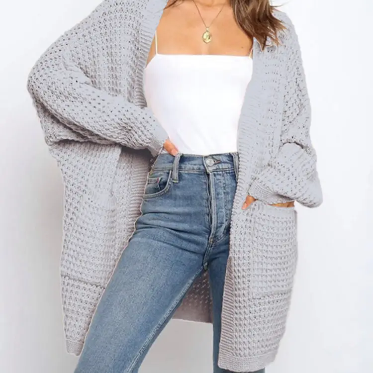 Women's Loose Woven Knitted Cardigan Teal Large - Image 3