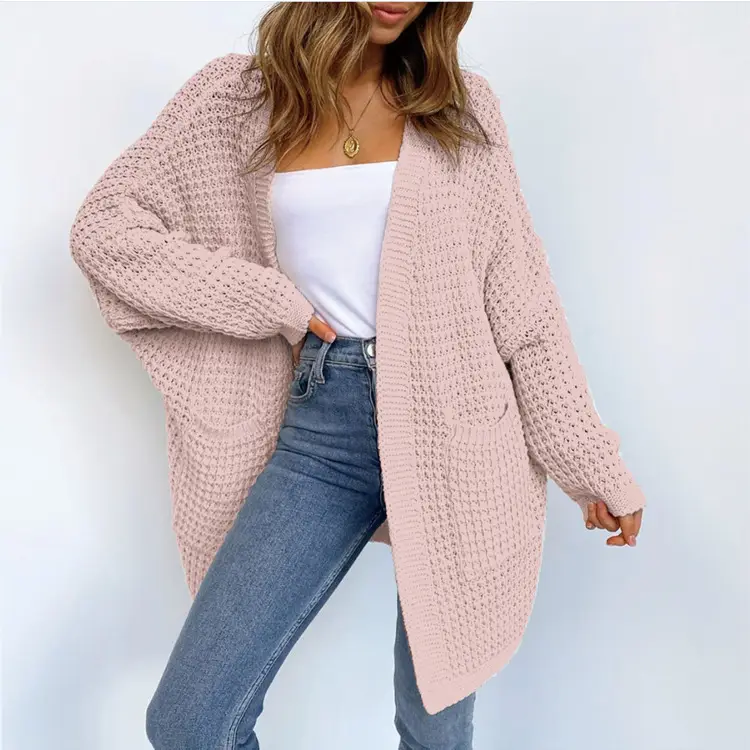 Women's Loose Woven Knitted Cardigan Teal Large - Image 2