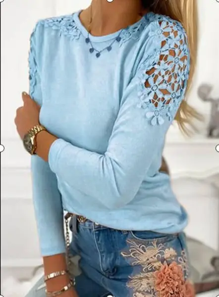 Light Blue Long Sleeve Lace T-Shirt for Women — feature 8