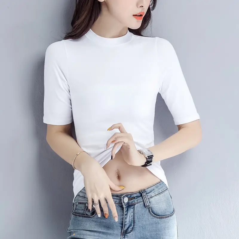 Women Black Round Neck V Neck T-Shirt Slimming Look - Image 13