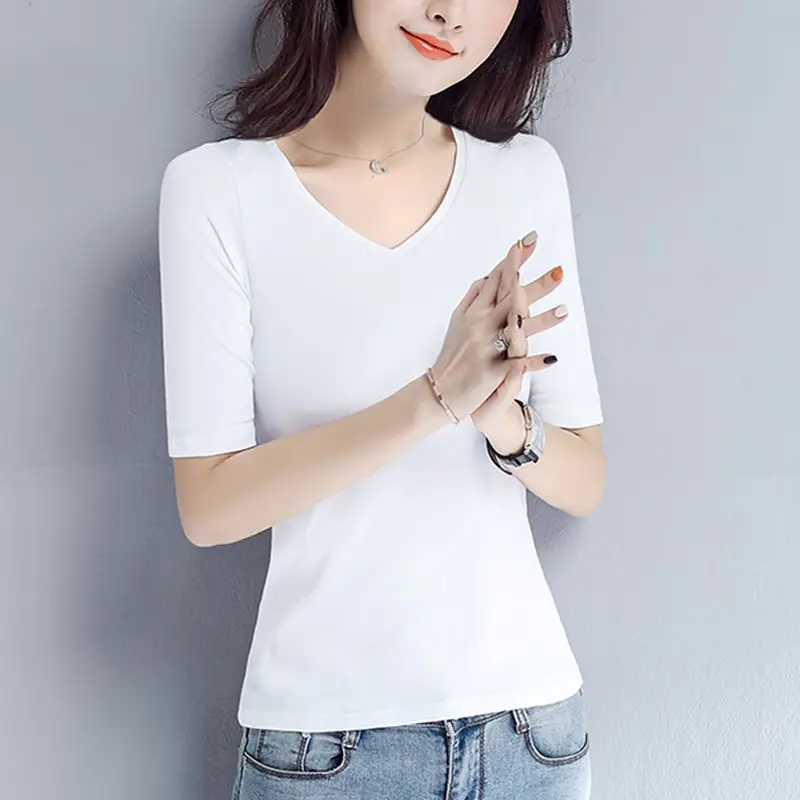 Women Black Round Neck V Neck T-Shirt Slimming Look - Image 14