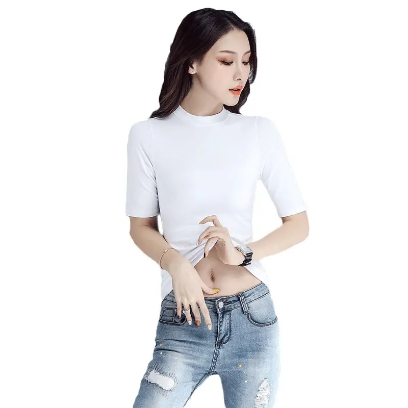 Women Black Round Neck V Neck T-Shirt Slimming Look - Image 16