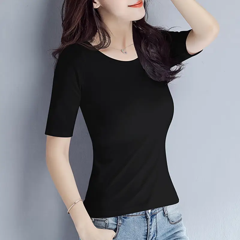 Women Black Round Neck V Neck T-Shirt Slimming Look - Image 9
